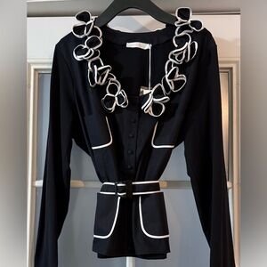 Black Blouse with White Trim and Ruffle Detail